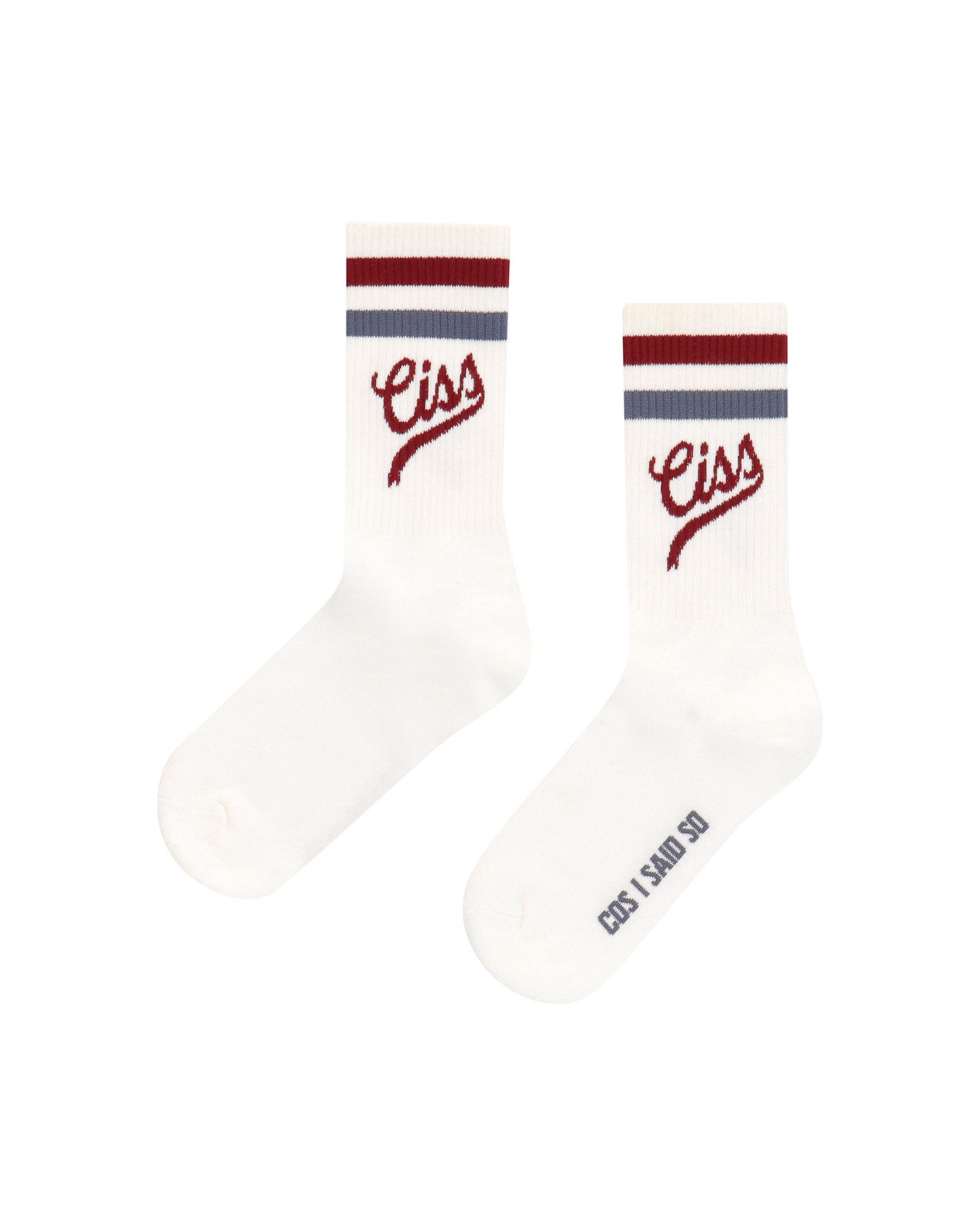 Unisex Socks in Offwhite by Cos I Said So with Ciss Logo and stripes in Cordovan and Vintage Indigo Blue.