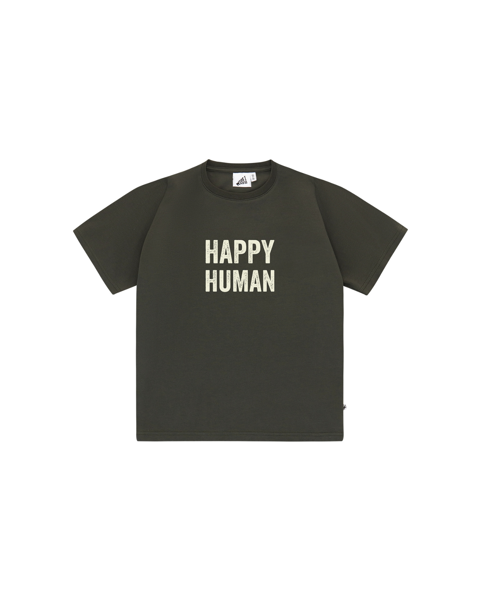 Unisex Happy Human T-Shirt by Cos-I-Said-So in high quality Organic Cotton. T-Shirt shown in the color Peat, which is an anthracite black.