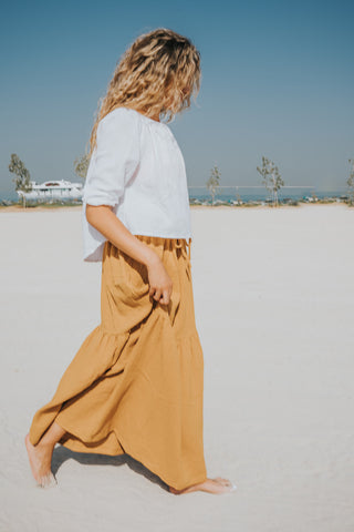 WOMEN'S LONG SLEEVE GEORGIA TOP / MUSTARD / XS/S - M/L / muslin cotton