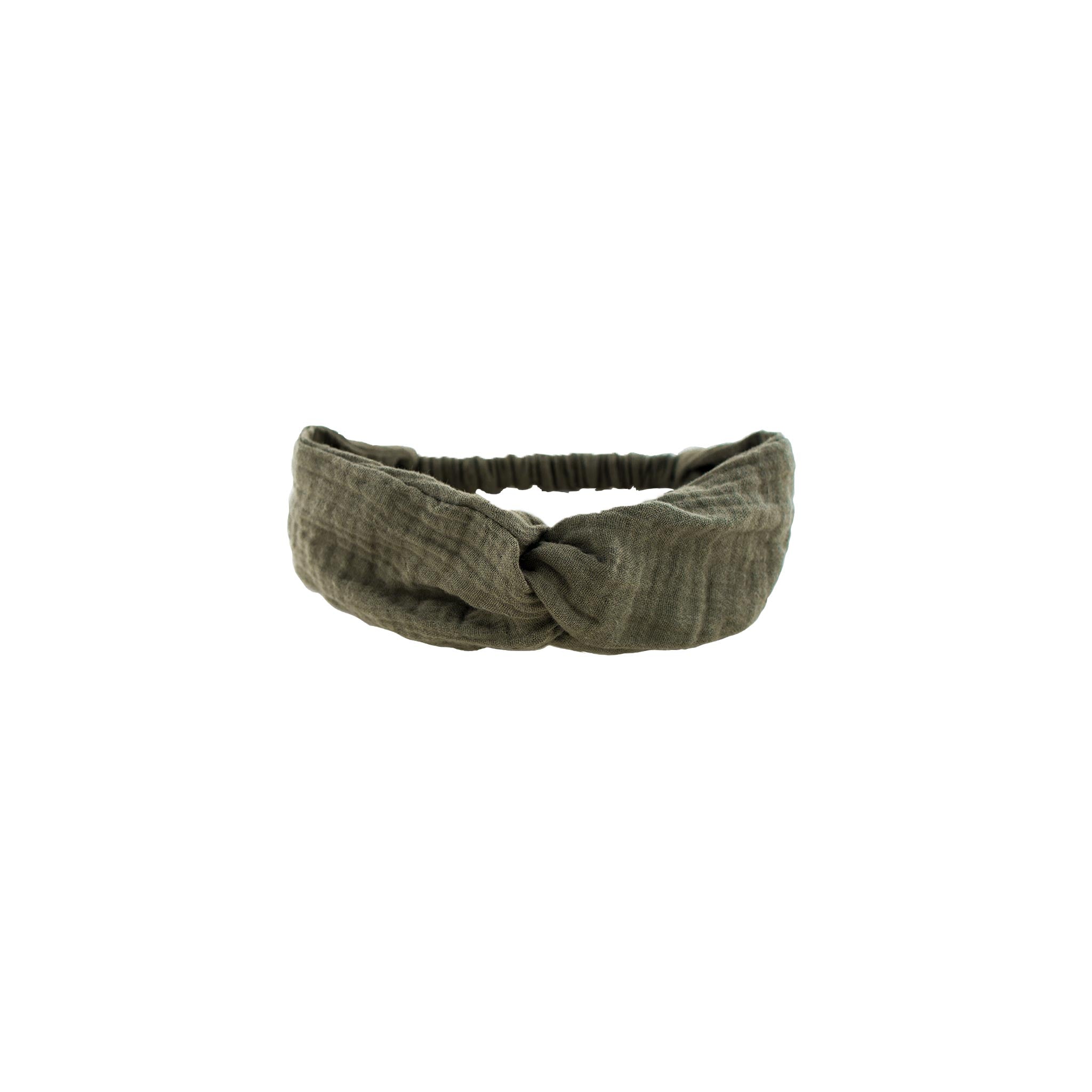 Girls Twisted Headband by Les Vedettes in Muslin Cotton and shown in the color Soft Khaki Green.