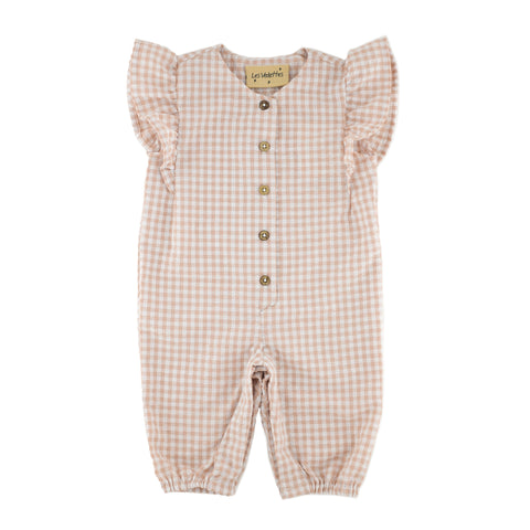 baby girl onesie frilled romper frills overall toddler soft-pink checks checkered seersucker