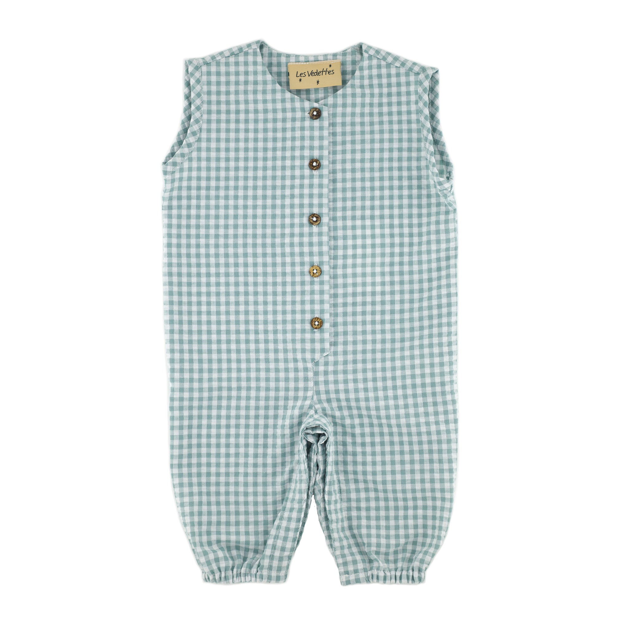 baby onesie sleeveless boy girl checks soft green seersucker