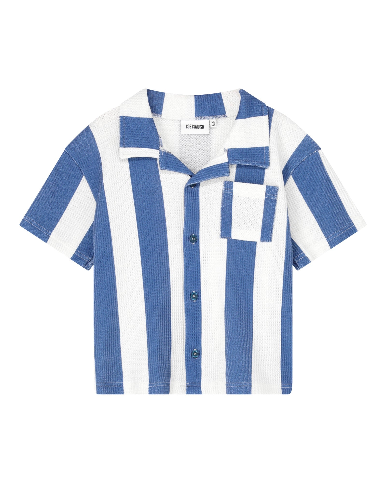 boys bold shirt in 100% organic cotton piqué comes in bold bijou blue and white stripes - front side