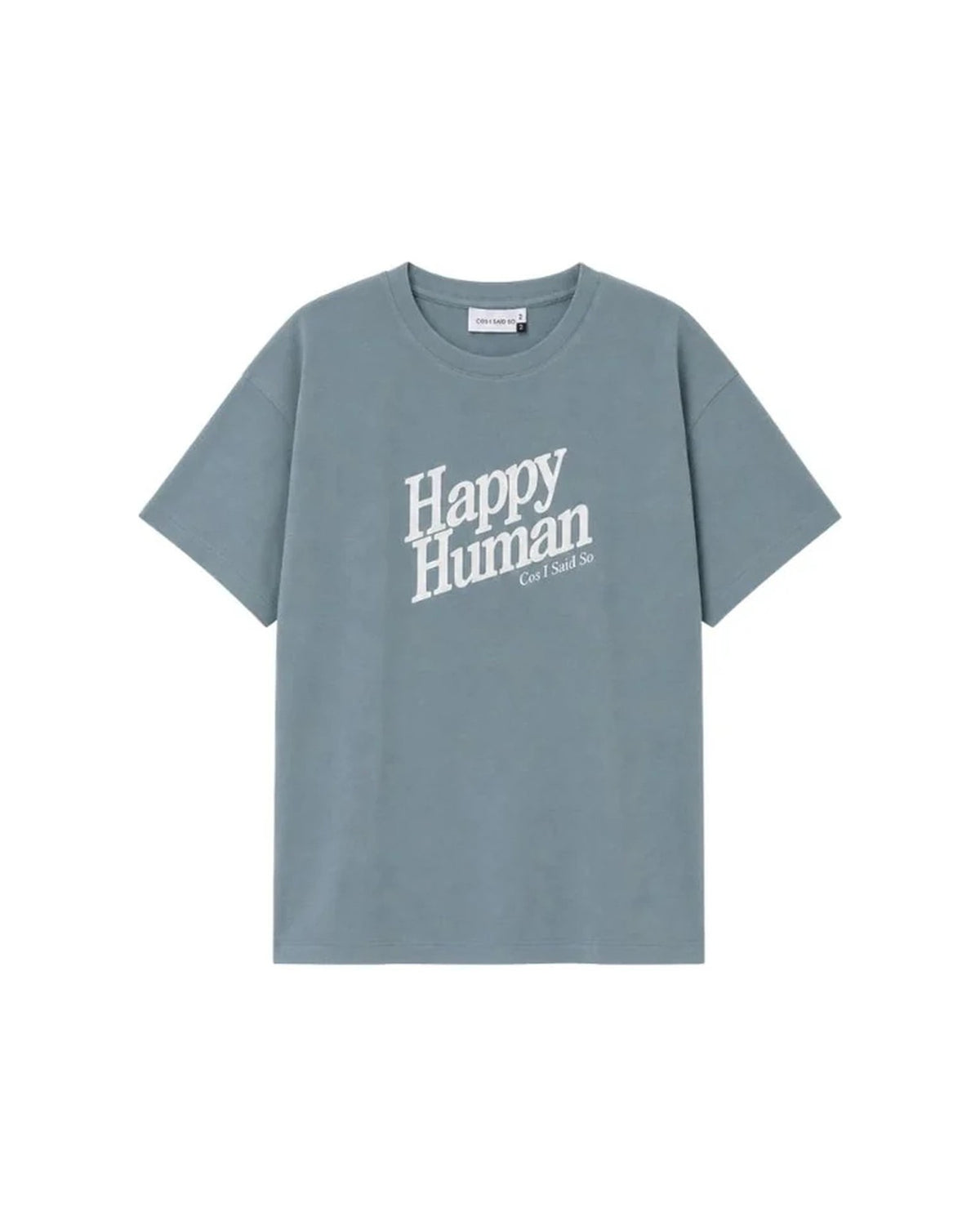 Happy Human t-shirt in organic cotton for toddlers, kids and teenagers in silver blue, by Cos I Said So, front view