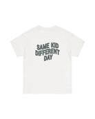 Unisex kids organic cotton Same Kid Different Day T-shirt in white by Cos I Said So, back view
