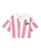 girls striped cut off polo in 100% organic cotton piqué comes in bold pink and white stripes - front side