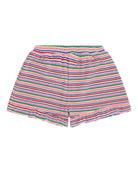 girls shorts with ruffles at the bottom in terry cloth with horizontally mulit-colored stripes