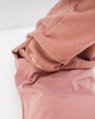 close up of the jog pants and t-shirt in burlwood that come in high quality organic cotton 