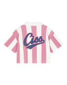 girls striped cut off polo in 100% organic cotton piqué comes in bold pink and white stripes - back side