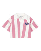 girls striped cut off polo in 100% organic cotton piqué comes in bold pink and white stripes - front side
