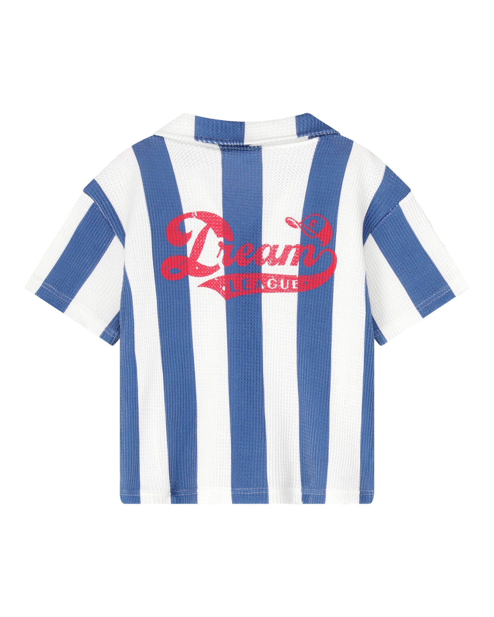 boys bold striped shirt in 100% organic cotton piqué comes in bold bijou blue and white stripes - back side