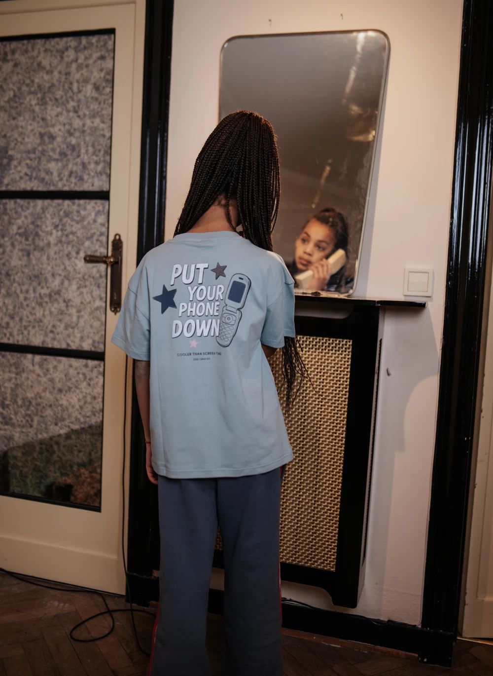 Put Your Phone Down kids t-shirt in silver blue organic cotton by Cos I Said So