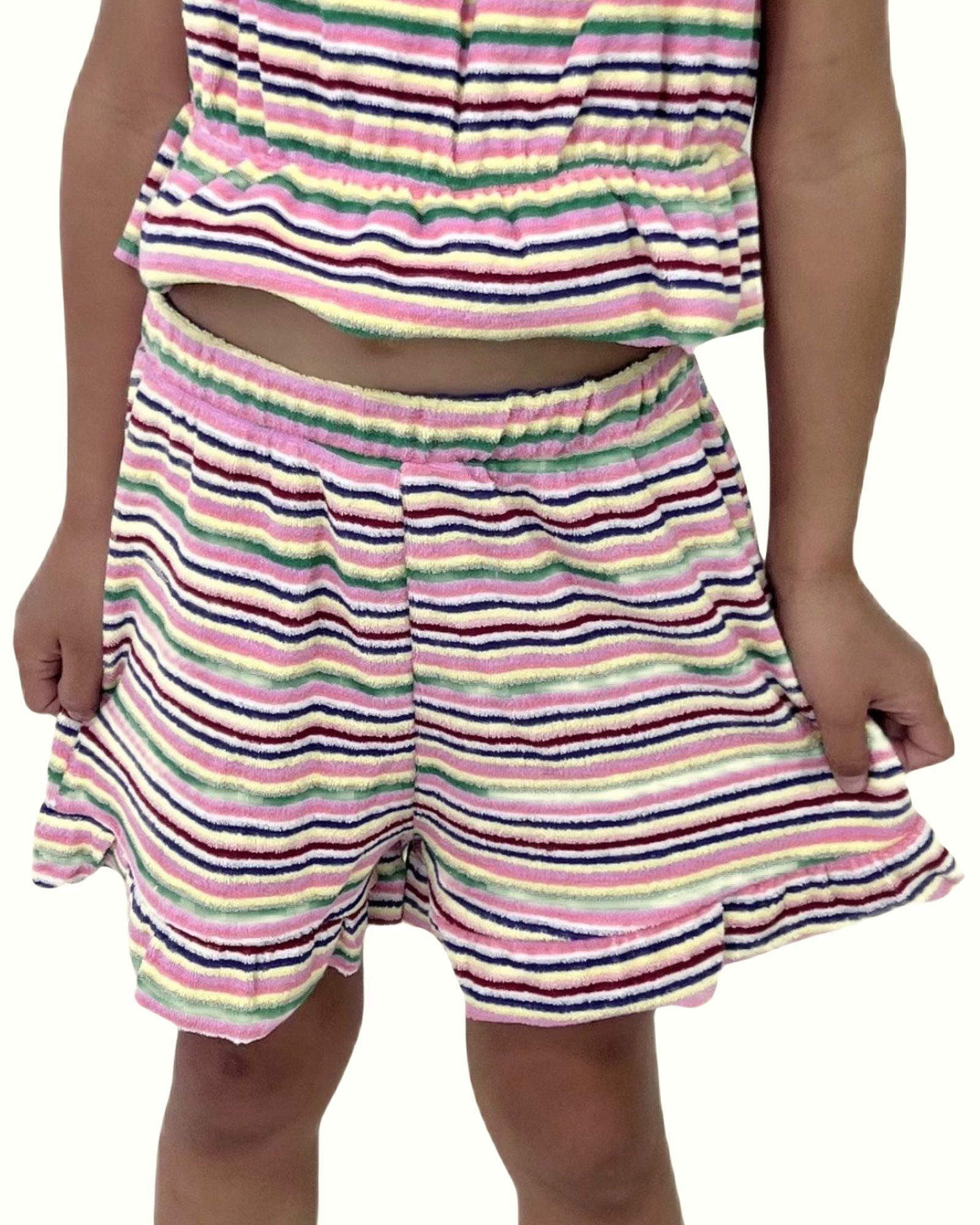 girl model wearing shorts by Cos I Said So in striped towel terry 