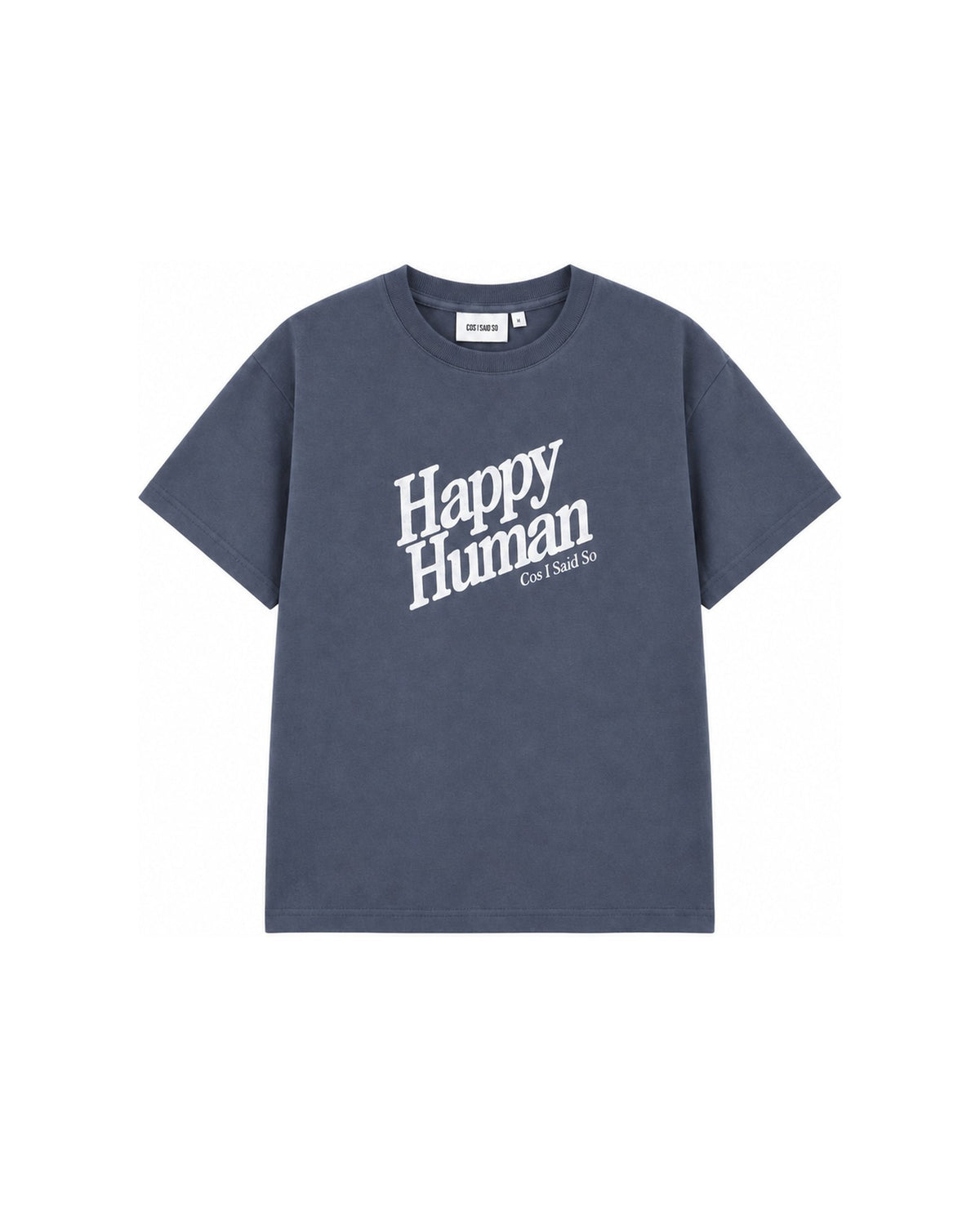 Happy Human t-shirt in organic cotton for toddlers, kids and teenagers in turbulence dark blue, by Cos I Said So, front view