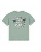 Unisex kids organic cotton Put Your Phone Down t-shirt by Cos I Said So in silver blue, back view