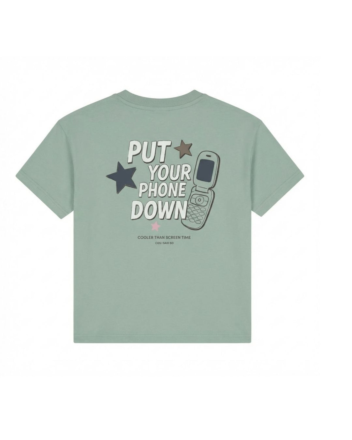 Unisex kids organic cotton Put Your Phone Down t-shirt by Cos I Said So in silver blue, back view