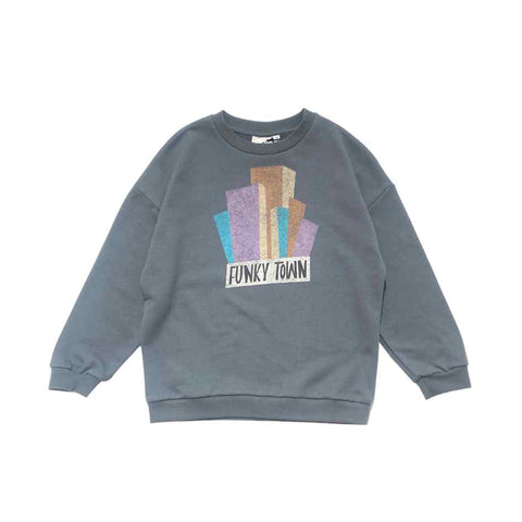 baby kid sweater long sleeve funky town graphic stormy blue organic cotton