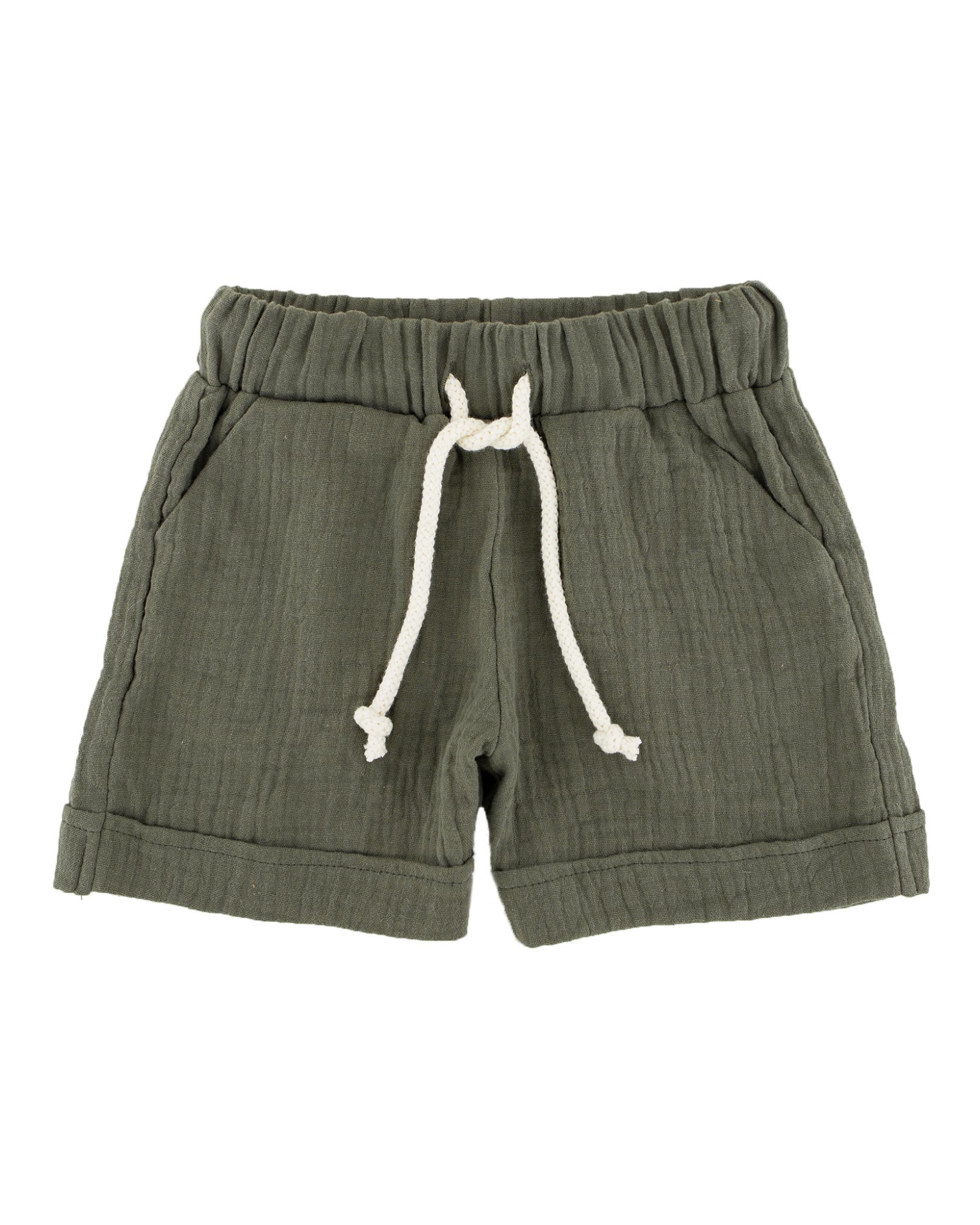 boys shorts by Les Vedettes in high quality muslin cotton in soft khaki green come with a drawstring