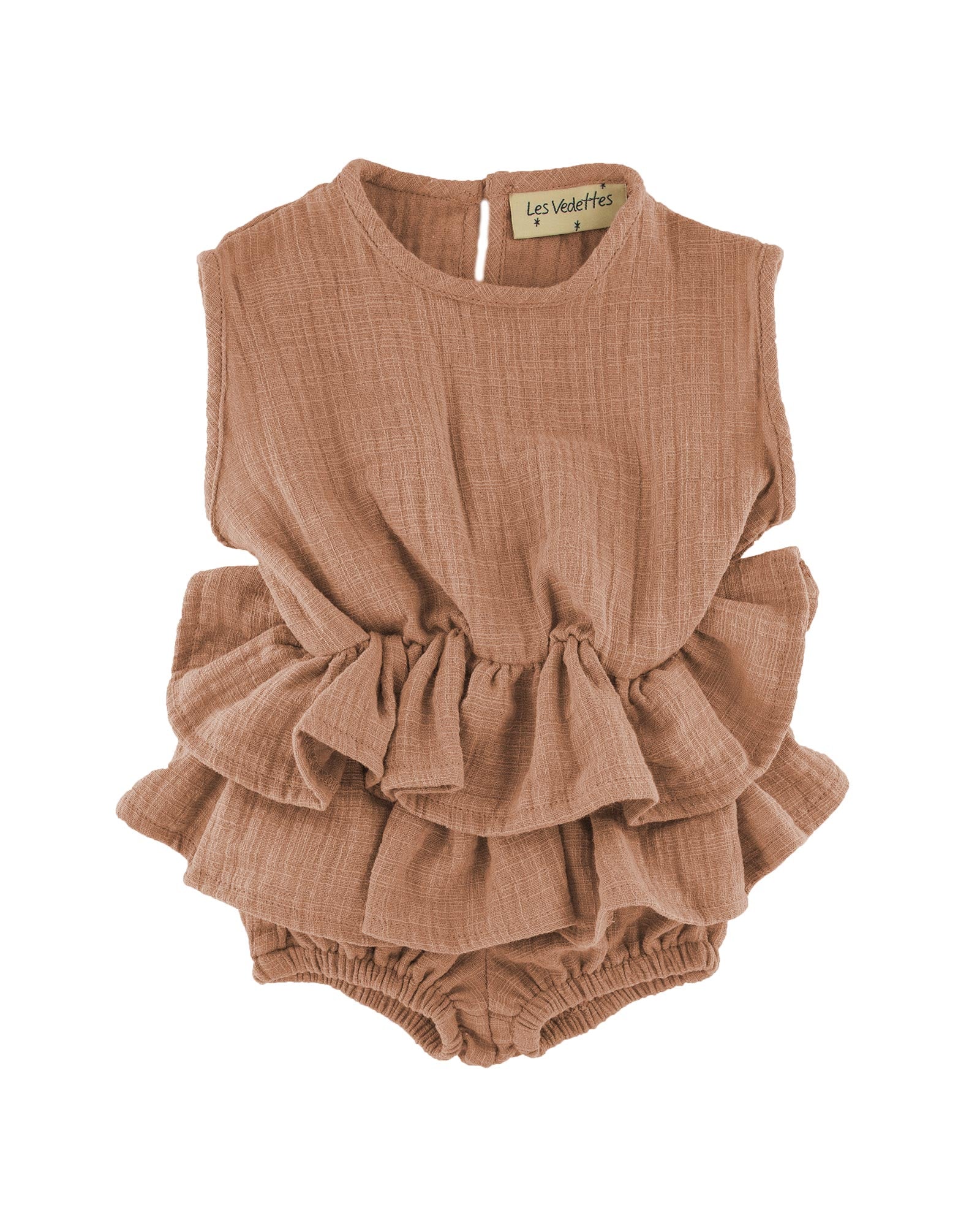 baby girls tiered onesie by les vedettes with 2 layers ruffles in caramel linen baby cotton