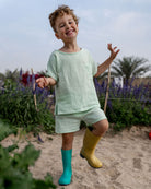 boys set mint in high quality muslin cotton with the top in oversized fit and the matching shorts in mint green