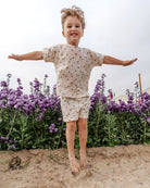 this set comes with an oversized top and matching shorts in palms muslin cotton