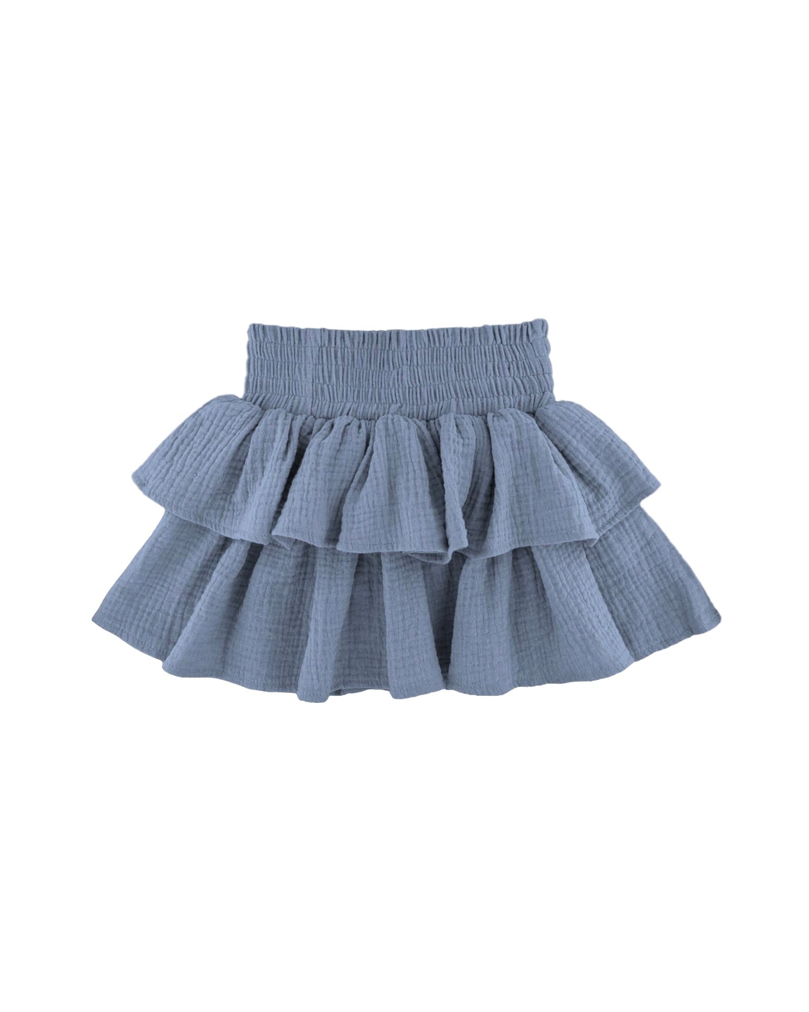 tiered ruffle Lila skirt by Les Vedettes in the color dusty cloudy blue in muslin cotton with gathered elastic waistband
