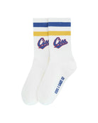 unisex varsity socks in offwhite by cos I said so with ciss logo and stripes in blue and yellow