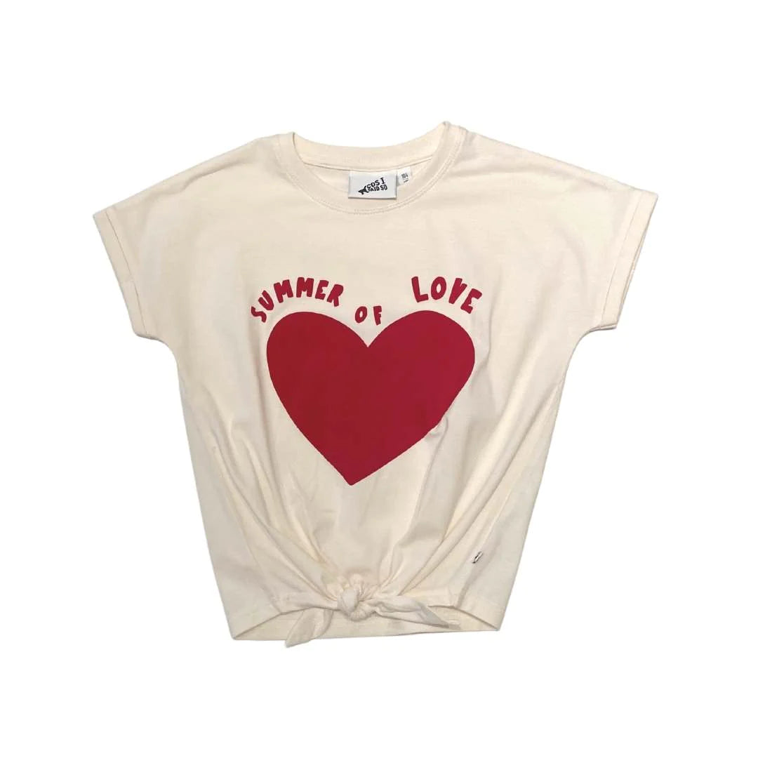 girl knotted t-shirt short sleeve red heart graphic summer love white salt off-white organic cotton